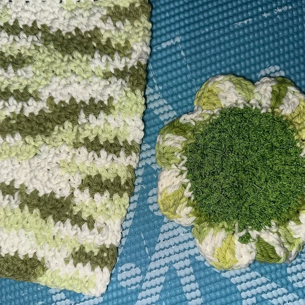 Green and White Handmade Cotton Multi Use Washcloth Set
